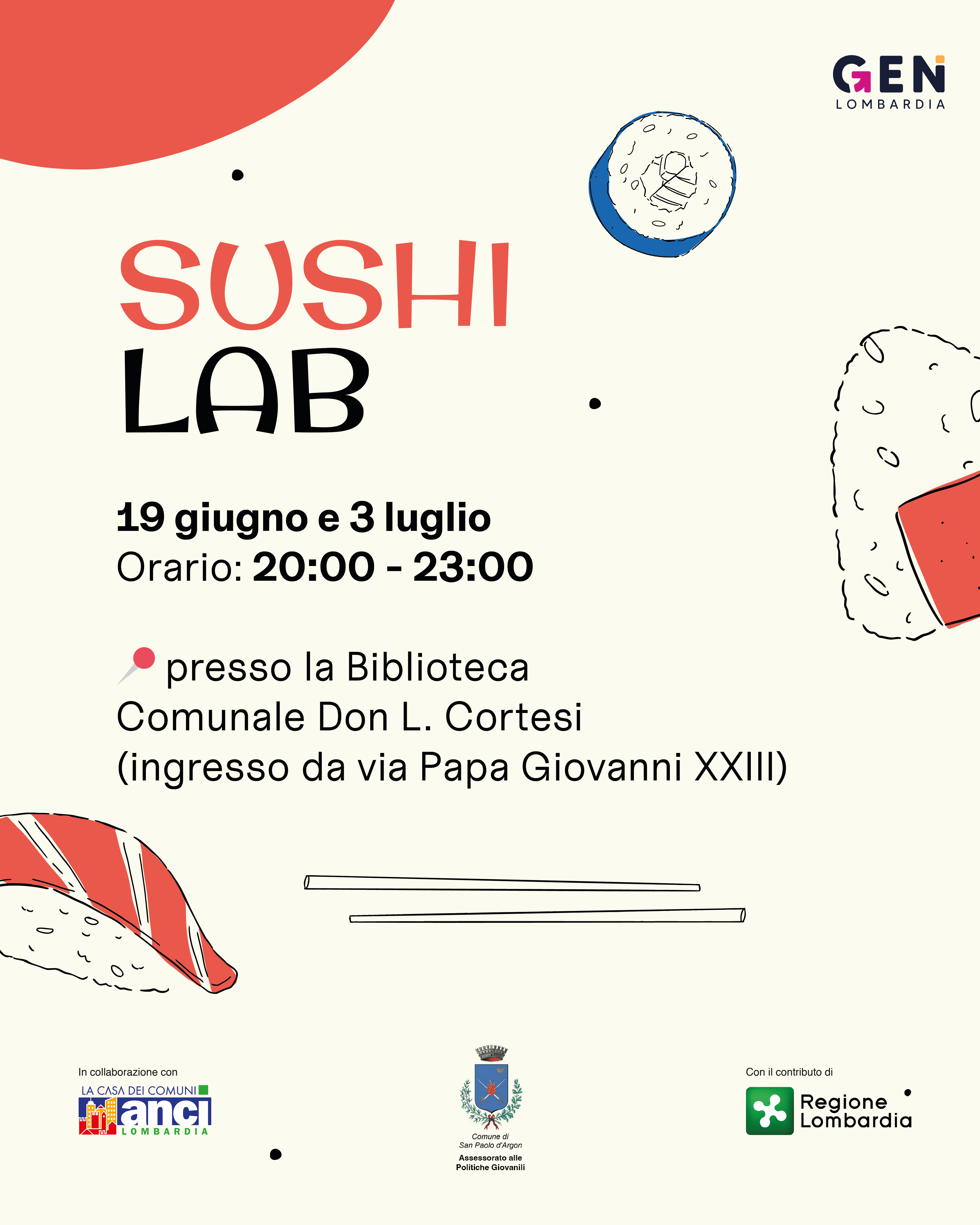Corso preparazione sushi per giovani 18-34 anni il 19/06 e  il 03/07 presso la sala laboratori della Biblioteca L. Cortesi
